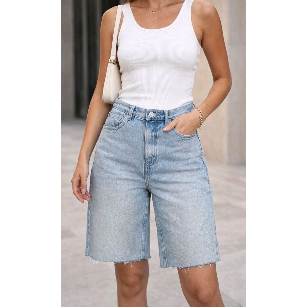 NWT Good American Raw Hem High Rise Denim‎ Blue Jean Shorts SZ 12 / 31 RTL $129
